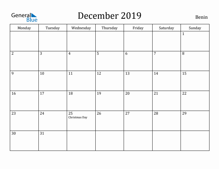 December 2019 Calendar Benin