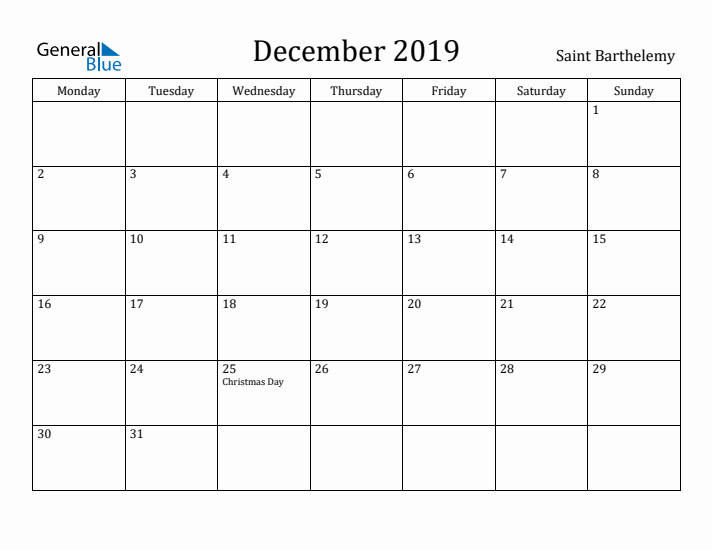 December 2019 Calendar Saint Barthelemy