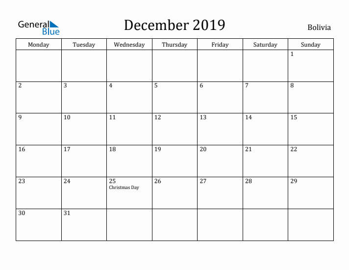 December 2019 Calendar Bolivia