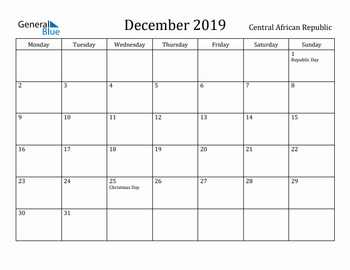 December 2019 Calendar Central African Republic