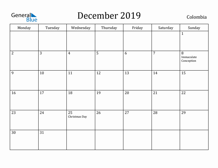December 2019 Calendar Colombia
