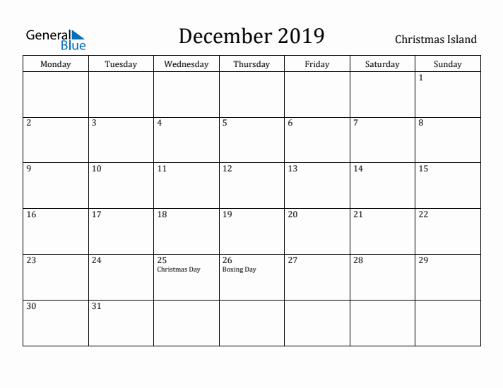 December 2019 Calendar Christmas Island