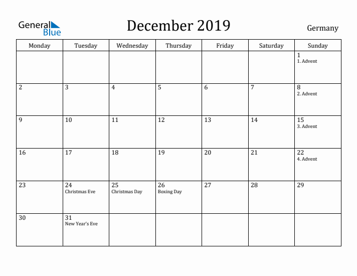 December 2019 Calendar Germany