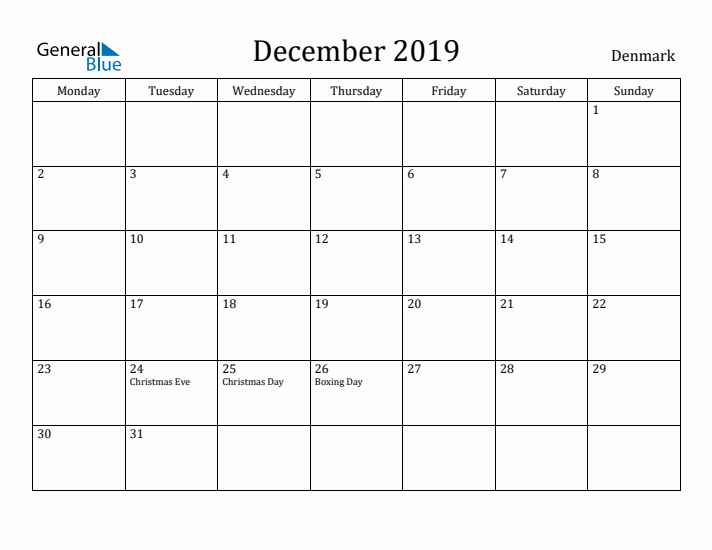 December 2019 Calendar Denmark