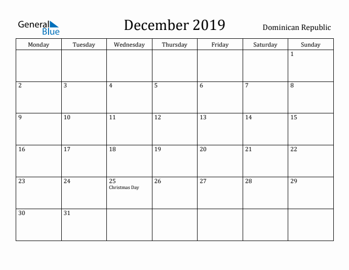 December 2019 Calendar Dominican Republic