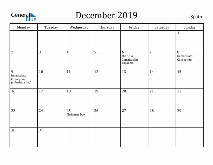 December 2019 Calendar Spain