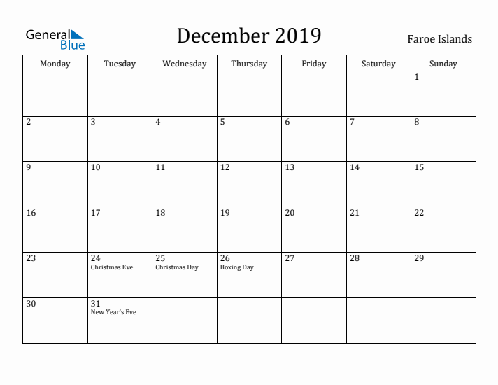 December 2019 Calendar Faroe Islands