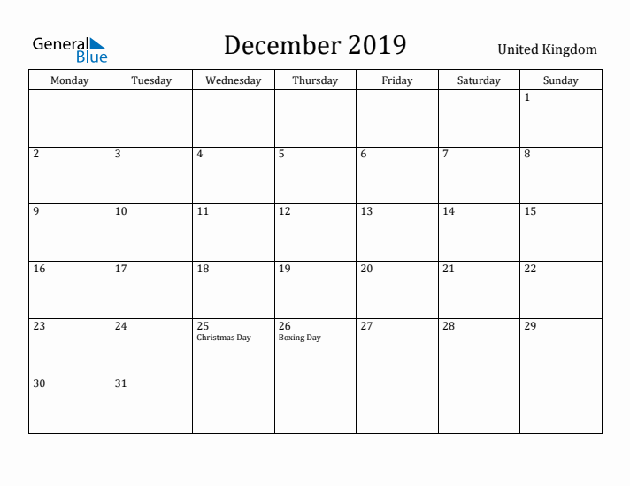 December 2019 Calendar United Kingdom