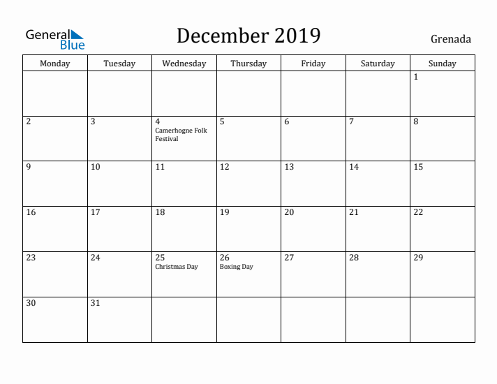 December 2019 Calendar Grenada