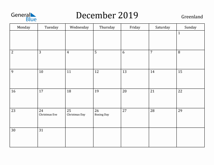 December 2019 Calendar Greenland