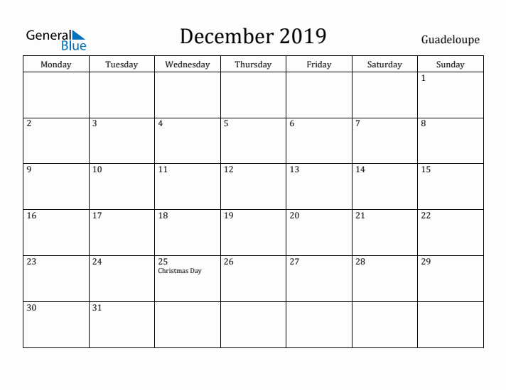 December 2019 Calendar Guadeloupe