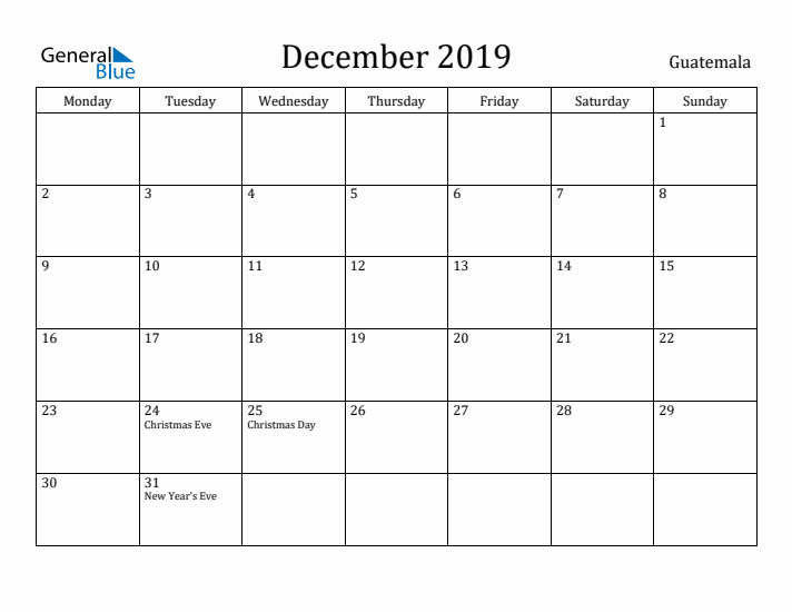 December 2019 Calendar Guatemala