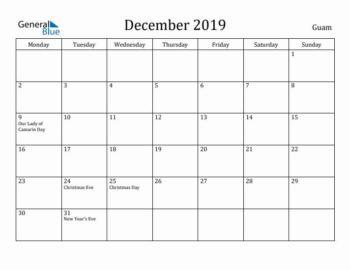 December 2019 Calendar Guam