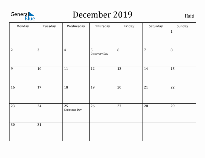 December 2019 Calendar Haiti