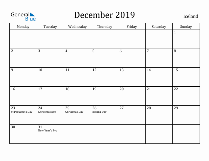 December 2019 Calendar Iceland