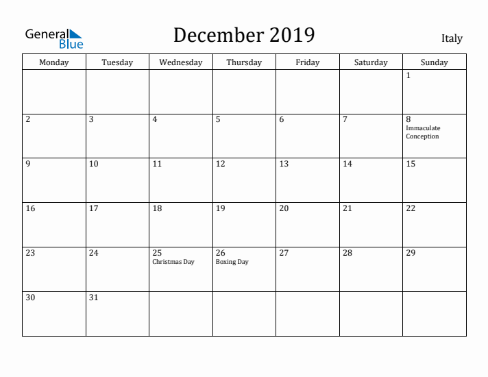 December 2019 Calendar Italy