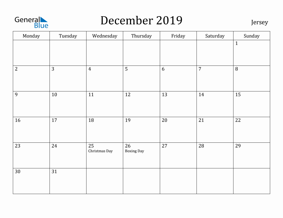 December 2019 - Jersey Monthly Calendar with Holidays