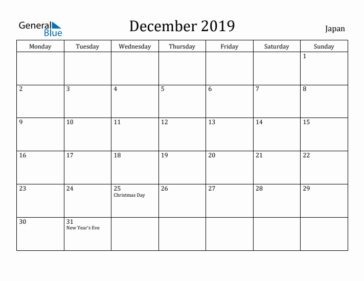 December 2019 Calendar Japan