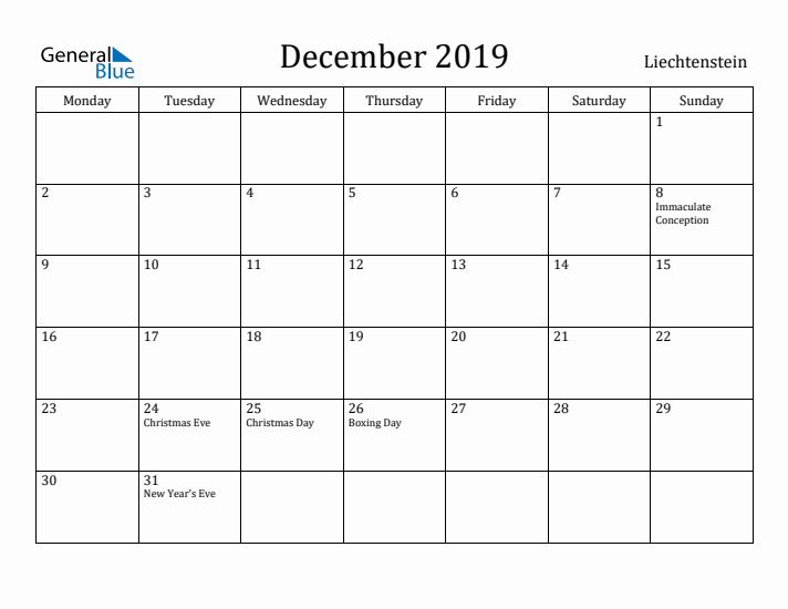 December 2019 Calendar Liechtenstein