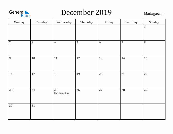 December 2019 Calendar Madagascar