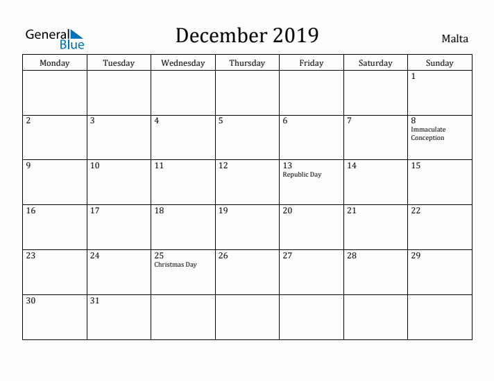 December 2019 Calendar Malta