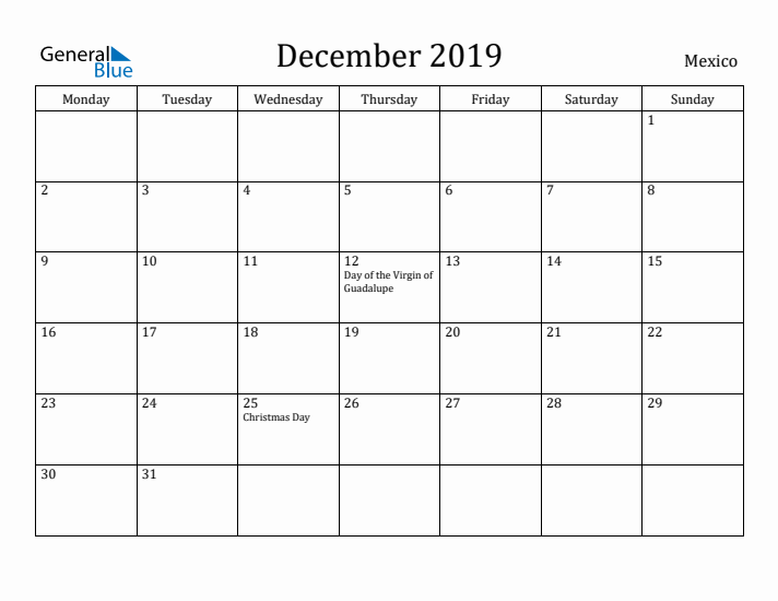 December 2019 Calendar Mexico