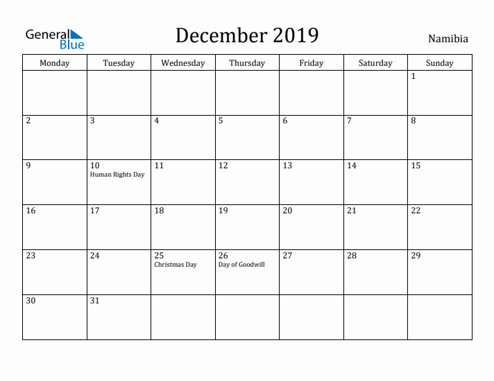 December 2019 Calendar Namibia
