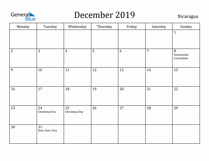 December 2019 Calendar Nicaragua