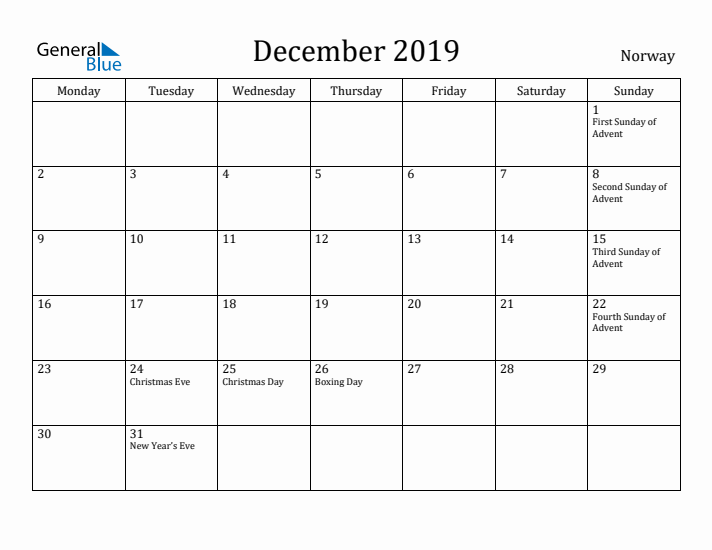 December 2019 Calendar Norway