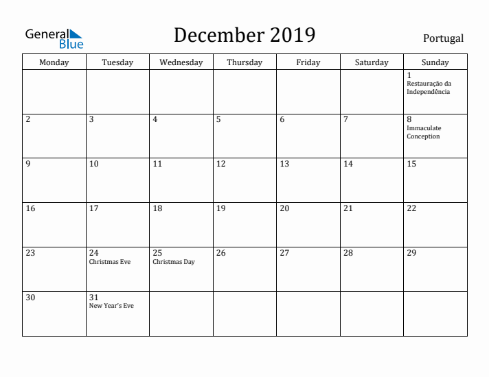 December 2019 Calendar Portugal