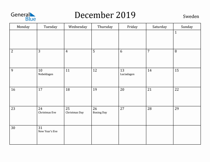 December 2019 Calendar Sweden