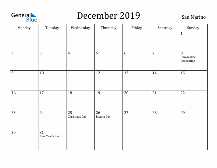 December 2019 Calendar San Marino
