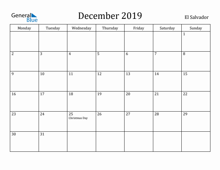 December 2019 Calendar El Salvador