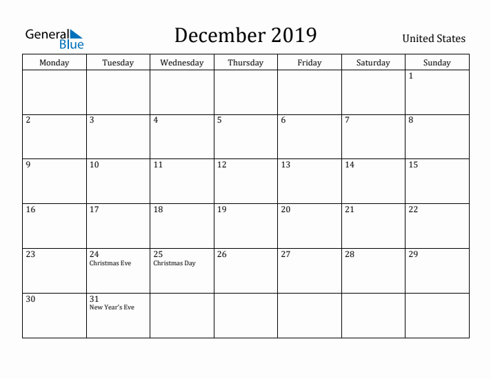 December 2019 Calendar United States