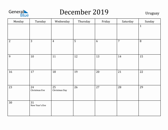 December 2019 Calendar Uruguay