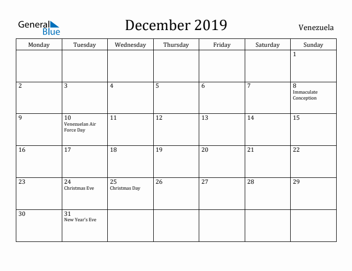 December 2019 Calendar Venezuela