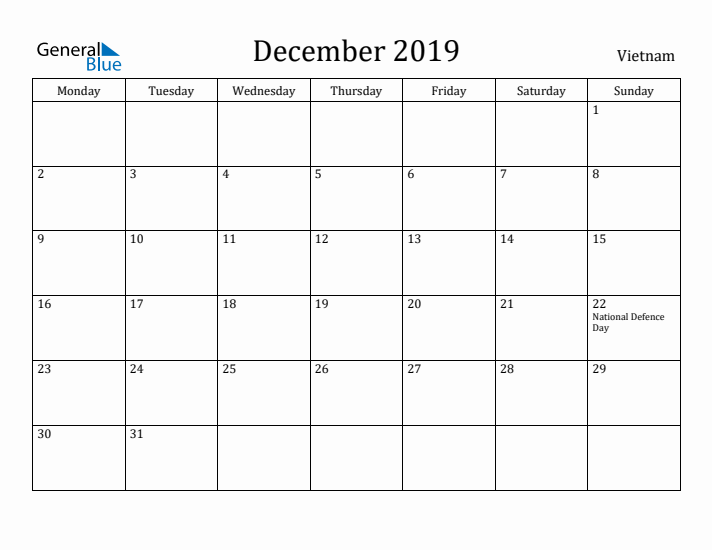 December 2019 Calendar Vietnam