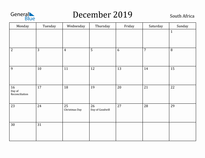 December 2019 Calendar South Africa