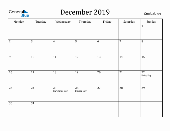 December 2019 Calendar Zimbabwe