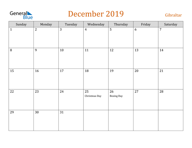 Gibraltar December 2019 Calendar with Holidays