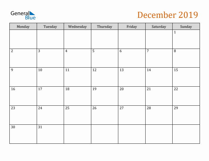 Editable December 2019 Calendar