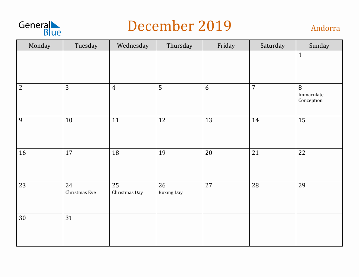 Free December 2019 Andorra Calendar