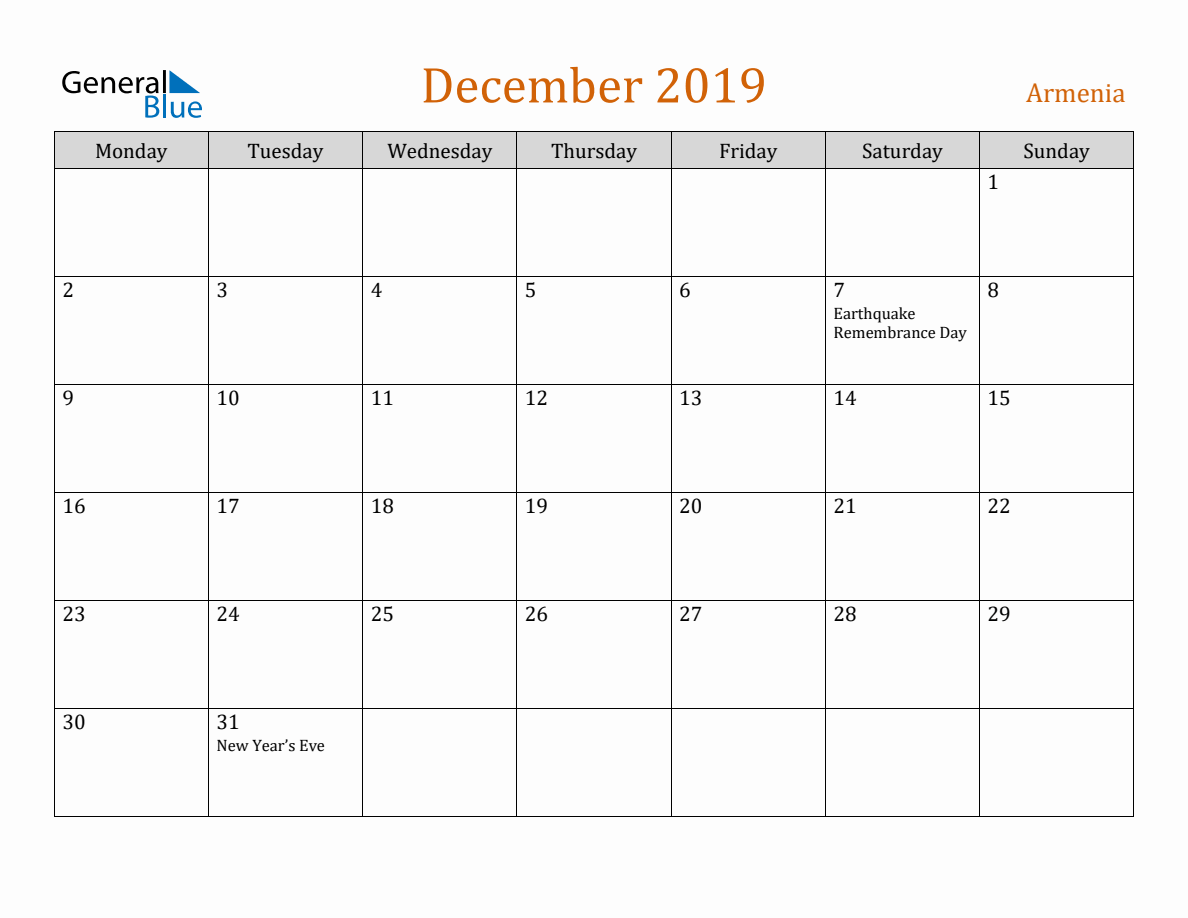 Free December 2019 Armenia Calendar