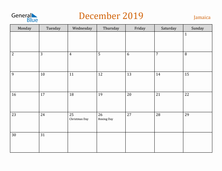 Free December 2019 Jamaica Calendar