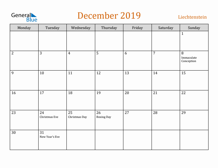 December 2019 Holiday Calendar with Monday Start