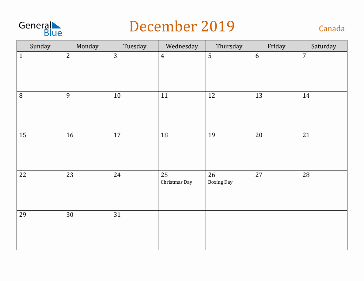 Free December 2019 Canada Calendar