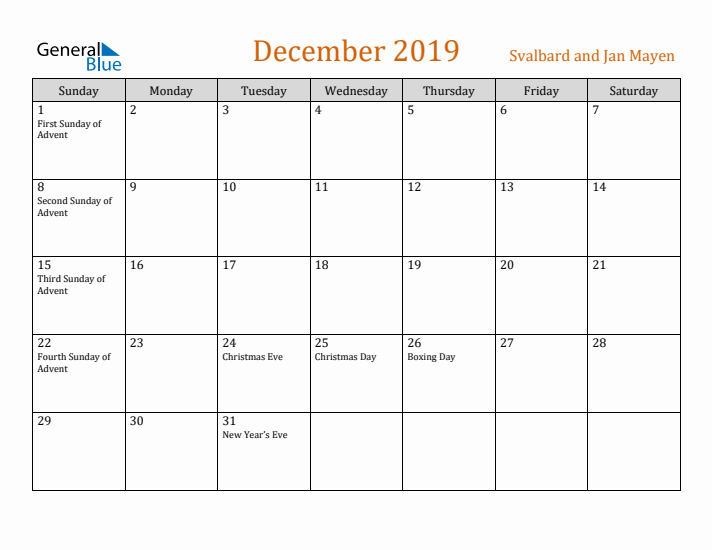 December 2019 Holiday Calendar with Sunday Start