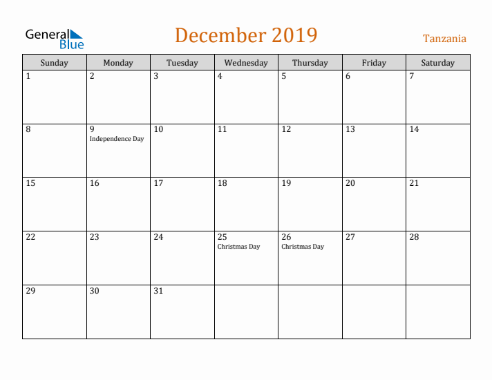 December 2019 Holiday Calendar with Sunday Start