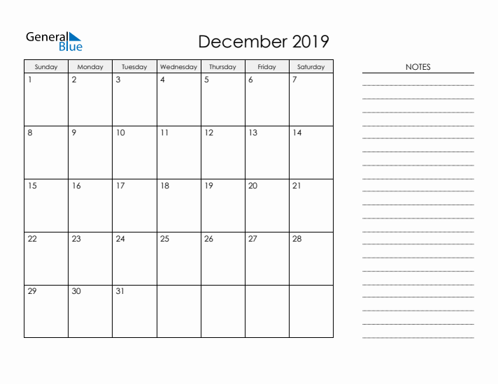 Printable Monthly Calendar with Notes - December 2019