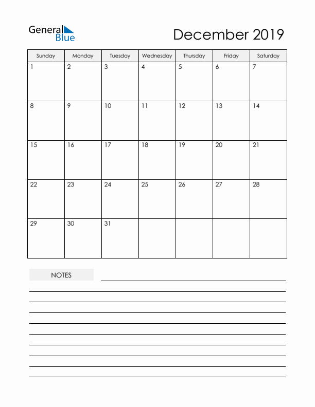 Printable Calendar with Notes - December 2019 